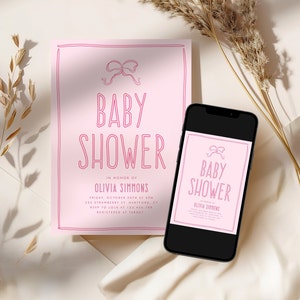 Pink Bow Baby Shower Invitation Template, Handwritten Baby Shower Invitation Modern, Hand Drawn Bow, Whimsical Invitation Baby Girl, BB07