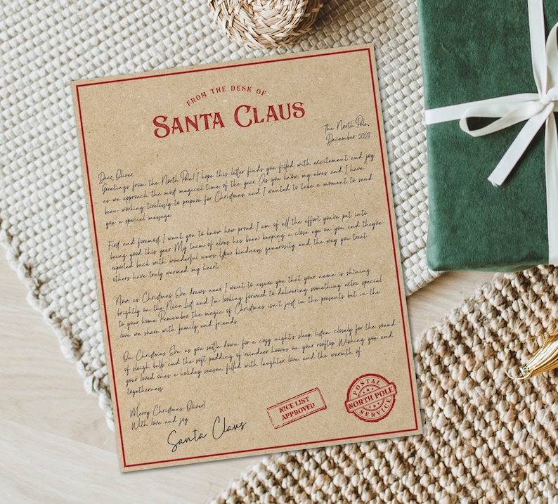 May include: A vintage-style letter from Santa Claus to a child, written on brown paper with a red border. The letter includes a handwritten message about being good and the magic of Christmas. The letter is stamped with a red "Nice List Approved" stamp and a "North Pole Postal Service" stamp.