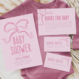 Conjunto de invitación para baby shower con lazo rosa, plantilla de invitación con lazo rosa dibujada a mano, tarjeta con libros para bebé, tarjeta de rifa de pañales, descarga instantánea BB06