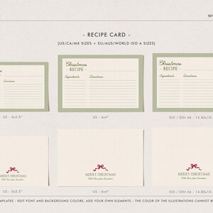 May include: Recipe card templates in various sizes, including US and ISO A sizes. The cards feature a green border and the text "Christmas Recipe." Below are smaller cards with "Merry Christmas" text and a red bow.