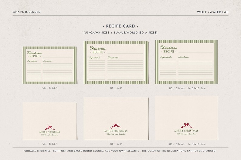 May include: Recipe card templates in various sizes, including US and ISO A sizes. The cards feature a green border and the text "Christmas Recipe." Below are smaller cards with "Merry Christmas" text and a red bow.