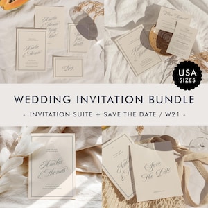 Puede incluir: Un conjunto de invitaciones de boda con tarjetas de invitación y tarjetas de confirmación de asistencia. El diseño es minimalista con caligrafía elegante y una paleta de colores neutros. El texto "Amelia & Thomas" está presente. Incluye tamaños USA.