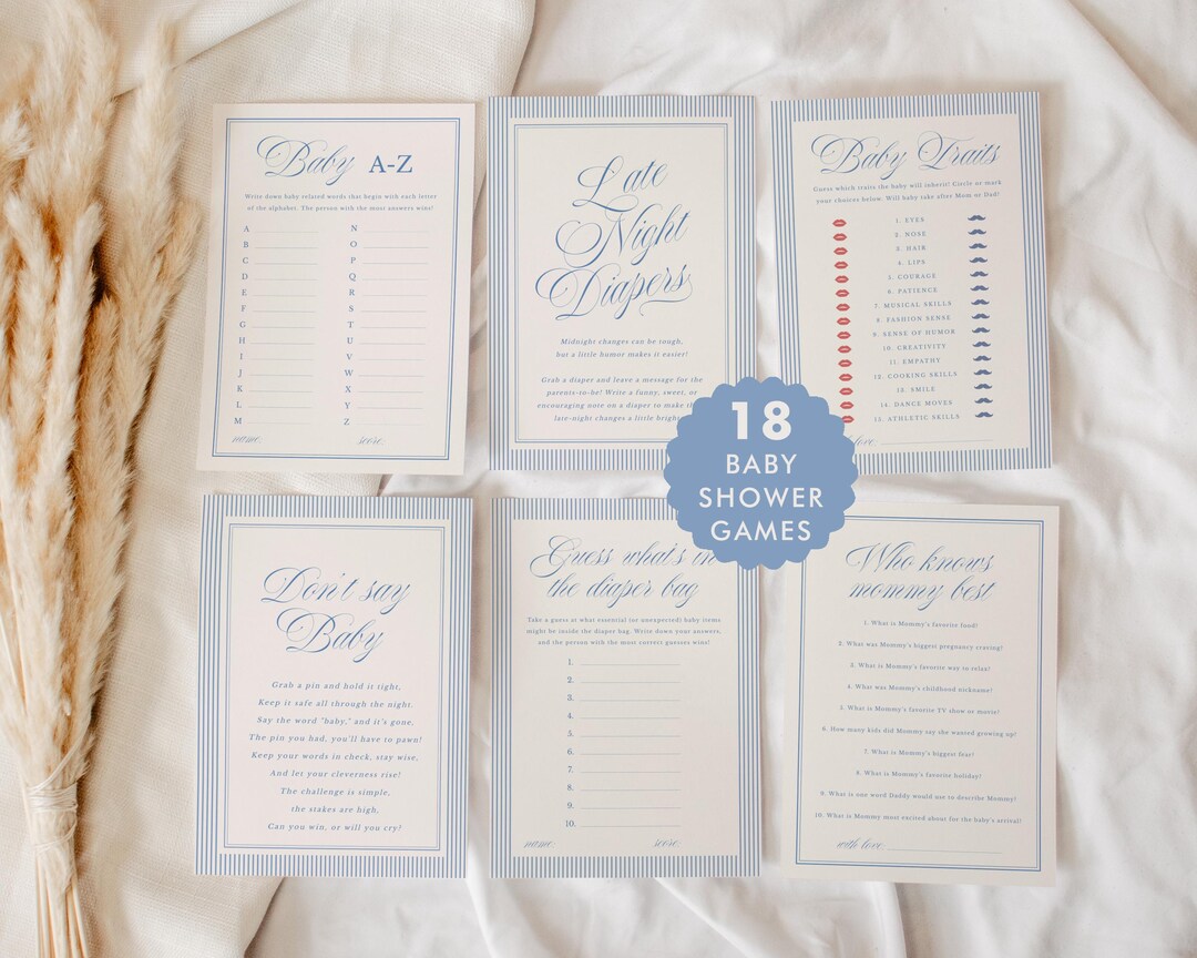 Baby Shower Games Printable, Dusty Blue Baby Boy Shower Games Bundle ...