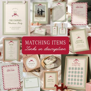 May include: A collection of holiday-themed stationery and decor items. Includes a welcome sign, photo cards, wish lists, Santa letters, menus, gift tags, recipe cards, and a song calendar. Designs feature green stripes, red bows, and festive text.