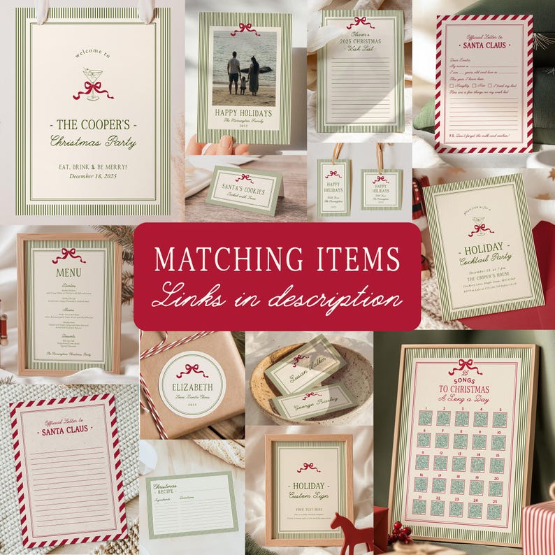 May include: A collection of holiday-themed stationery and decor items. Includes a welcome sign, photo cards, wish lists, Santa letters, menus, gift tags, recipe cards, and a song calendar. Designs feature green stripes, red bows, and festive text.