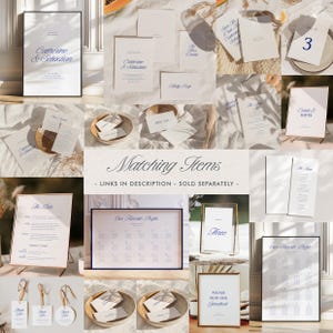 May include: A collection of wedding stationery with a blue and white color scheme. The items include invitations, save the dates, menus, table numbers, and thank you cards. The text on the stationery includes the names "Catherine & Sebastian" and "Our Favorite People".