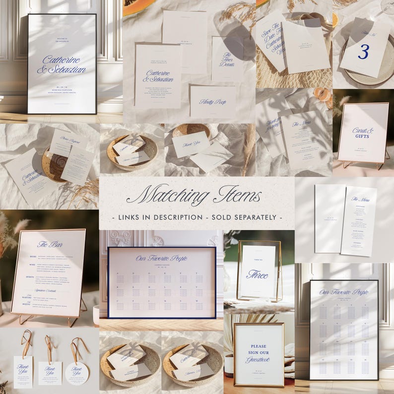 May include: A collection of wedding stationery with a blue and white color scheme. The items include invitations, save the dates, menus, table numbers, and thank you cards. The text on the stationery includes the names "Catherine & Sebastian" and "Our Favorite People".