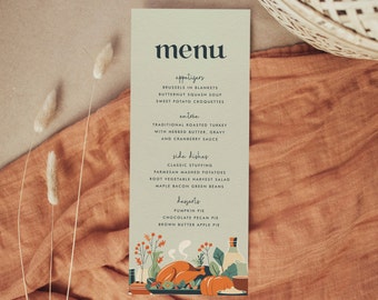 Modello di menu per la cena del Ringraziamento, menu del Ringraziamento modificabile, menu autunnale, download immediato