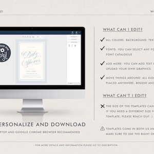 May include: A computer monitor displays a baby shower invitation template with the text "Baby Shower". The screen also shows editing options, including color, font, and graphic customization. The text "Edit, Personalize and Download" is visible.