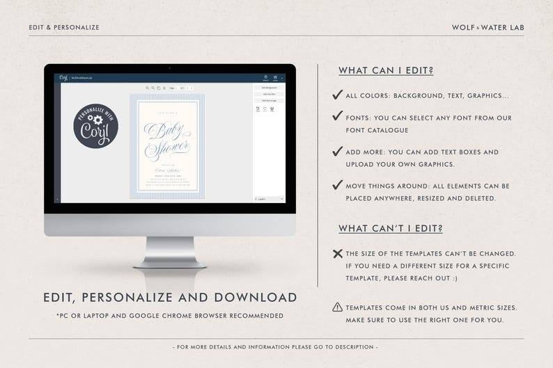 May include: A computer monitor displays a baby shower invitation template with the text "Baby Shower". The screen also shows editing options, including color, font, and graphic customization. The text "Edit, Personalize and Download" is visible.