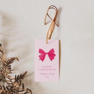 Coquette Pink Christmas Tag Template, Pink Christmas Gift Tag, Printable Christmas Tag, Editable Holiday Tag, Pink Bow, Instant DownloadCH01 image 2