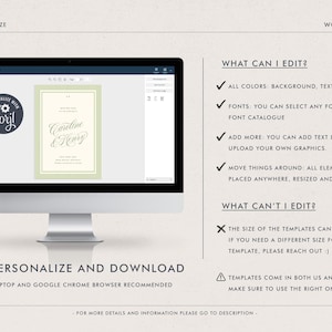 May include: A computer screen shows a wedding invitation template with the names "Caroline & Henry" in elegant script. The screen displays editing options, including colour, font, and graphic customisation. The text "Edit, Personalise and Download" is also visible.