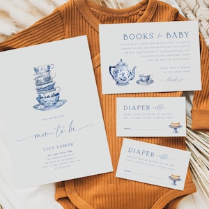 Plantilla de invitación para baby shower con té, paquete para baby shower, té con la futura mamá, libros para bebé, sorteo de pañales, descarga instantánea BB16