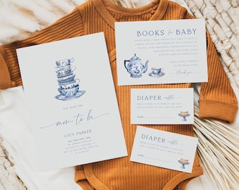 Modèle d'invitation pour une fête prénatale sur le thème du thé, kit de fête prénatale, thé avec la future maman, livres pour bébé, tombola de couches, téléchargement instantané BB16