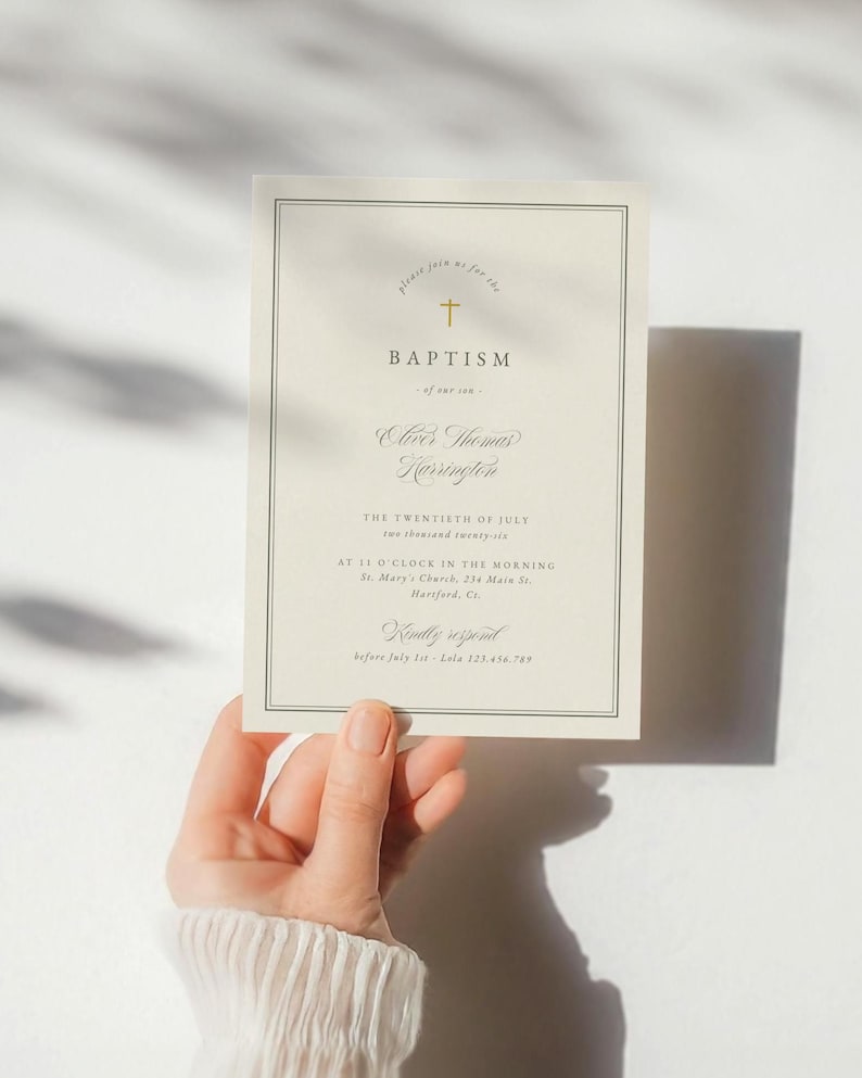 May include: Baptism invitation card with elegant script and a gold cross. The invitation includes the name Oliver Thomas Harrington, date, time, and location: St. Mary's Church, Hartford, CT. The card also requests a response before July 1st.