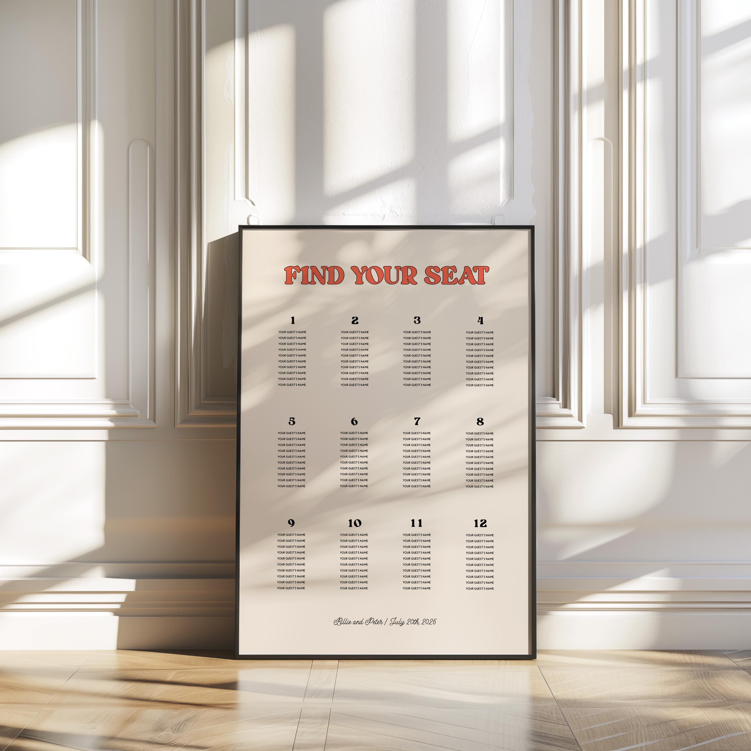 Modern Wedding Seating Chart Template, Bold Seating Chart, Retro ...