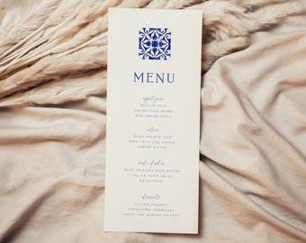 Mediterranean Bridal Shower Menu Template, Mediterranean Blue Tile Menu, Mediterranean Bridal Shower Decor, Minimal Menu, Instant Download