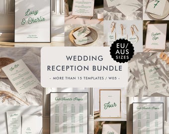 May include: A collection of wedding reception templates, including signs, menus, and cards. The designs feature elegant green script and text, with options for table numbers and custom signage. The bundle includes EU/AUS sizes.