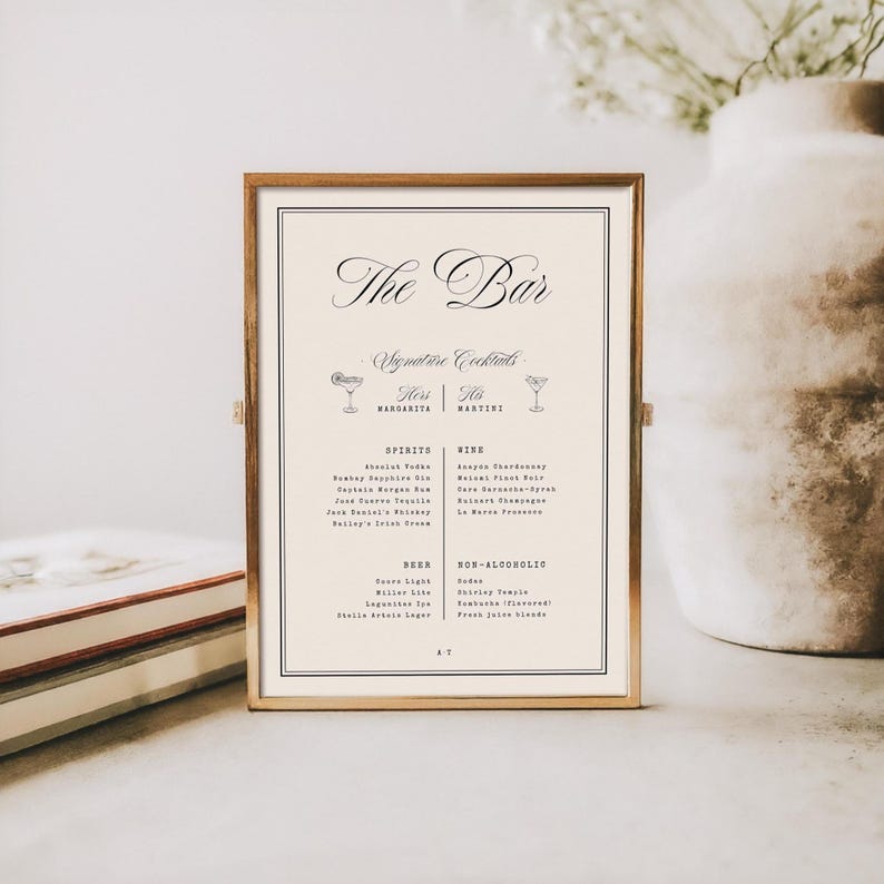 Retro Wedding Bar Menu Template, Modern Vintage Wedding Bar Menu Sign, Signature Cocktails, Chic Drinks Menu, Wedding Reception Signage, W21 image 2