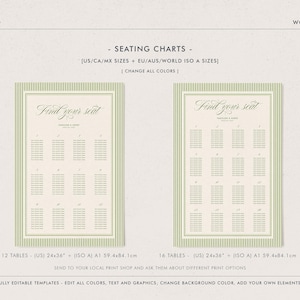 May include: Two seating chart templates with a cream background and green striped borders. The text "Find your seat" is at the top. The charts are labeled for 12 and 16 tables, with dimensions of 24x36 inches (ISO A1 59.4x84.1cm).