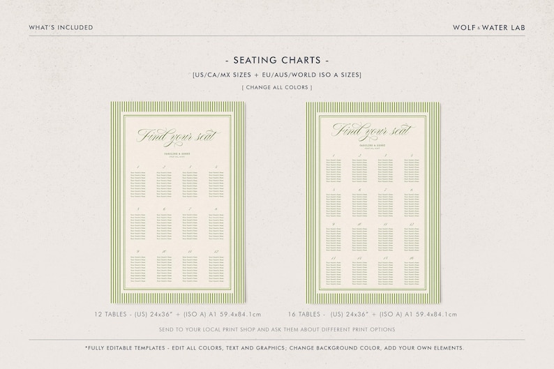 May include: Two seating chart templates with a cream background and green striped borders. The text "Find your seat" is at the top. The charts are labeled for 12 and 16 tables, with dimensions of 24x36 inches (ISO A1 59.4x84.1cm).