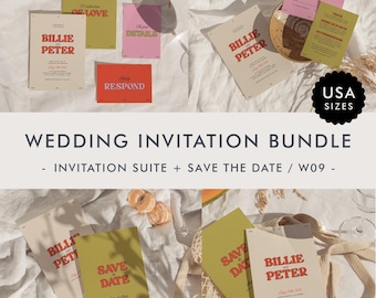 Retro Wedding Invitation Bundle Template, Retro Save The Date, Bold Wedding Invitation Suite Modern, Colorful Wedding Stationery Bundle, W09