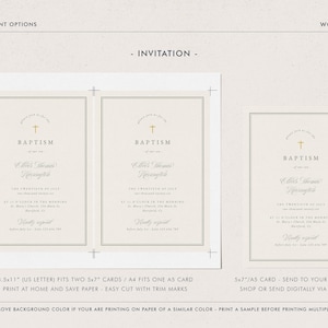 May include: Baptism invitation design with a cream background and gold accents. The invitation features a cross symbol and elegant typography. The design includes options for 8.5x11" and 5x7" cards, suitable for printing at home or sending digitally.