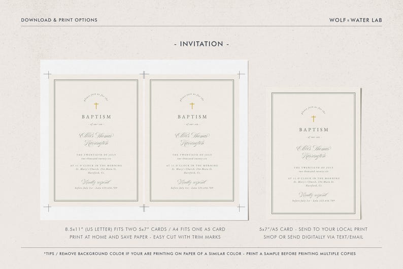 May include: Baptism invitation design with a cream background and gold accents. The invitation features a cross symbol and elegant typography. The design includes options for 8.5x11" and 5x7" cards, suitable for printing at home or sending digitally.