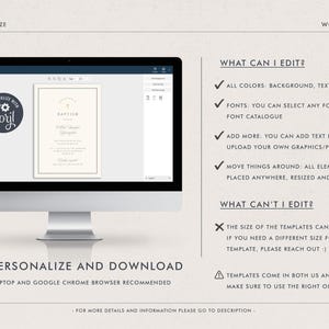May include: A computer monitor displays a baptism invitation template. The screen shows a cream-colored invitation with gold accents. The Corjl logo is in the upper left corner. Text on the screen reads "Edit, Personalize and Download".