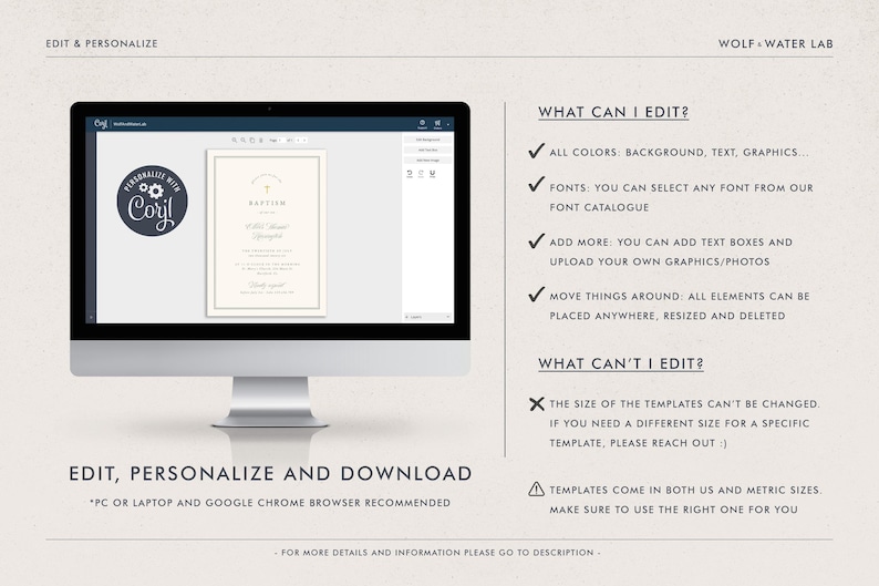 May include: A computer monitor displays a baptism invitation template. The screen shows a cream-colored invitation with gold accents. The Corjl logo is in the upper left corner. Text on the screen reads "Edit, Personalize and Download".