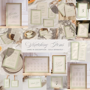 May include: A collage of wedding stationery items, including invitations, menus, and signage. The items feature a cream and green color scheme with elegant script fonts. The text includes "Caroline & Henry", "Save the Date", and "Guest Book".