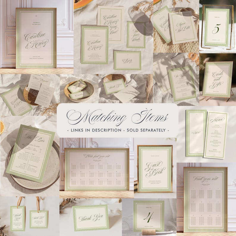 May include: A collage of wedding stationery items, including invitations, menus, and signage. The items feature a cream and green color scheme with elegant script fonts. The text includes "Caroline & Henry", "Save the Date", and "Guest Book".