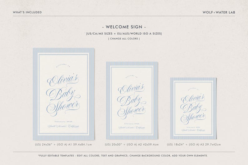 May include: Three baby shower welcome signs with blue striped borders and elegant script. The signs are labeled with the text "Olivia's Baby Shower" and include the date and location. Sizes include 24x36 inches, 20x30 inches, and 18x24 inches.