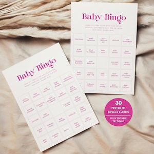 Tarjetas de bingo para baby shower en color rosa, 30 tarjetas de bingo editables para baby shower, bingo para bebés imprimible, descarga instantánea