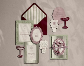 May include: A wedding stationery set featuring a deep burgundy envelope with striped lining, sage green cards with ornate borders, and die-cut inserts shaped like cocktail glasses and floral urns. The text includes names, event details, and RSVP.