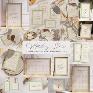 May include: A selection of wedding stationery, including signs, cards, and tags. The items have a cream and green colour scheme with elegant script fonts. Text includes "Caroline & Henry", "Save the Date", "Guest Book", and "Thank You".