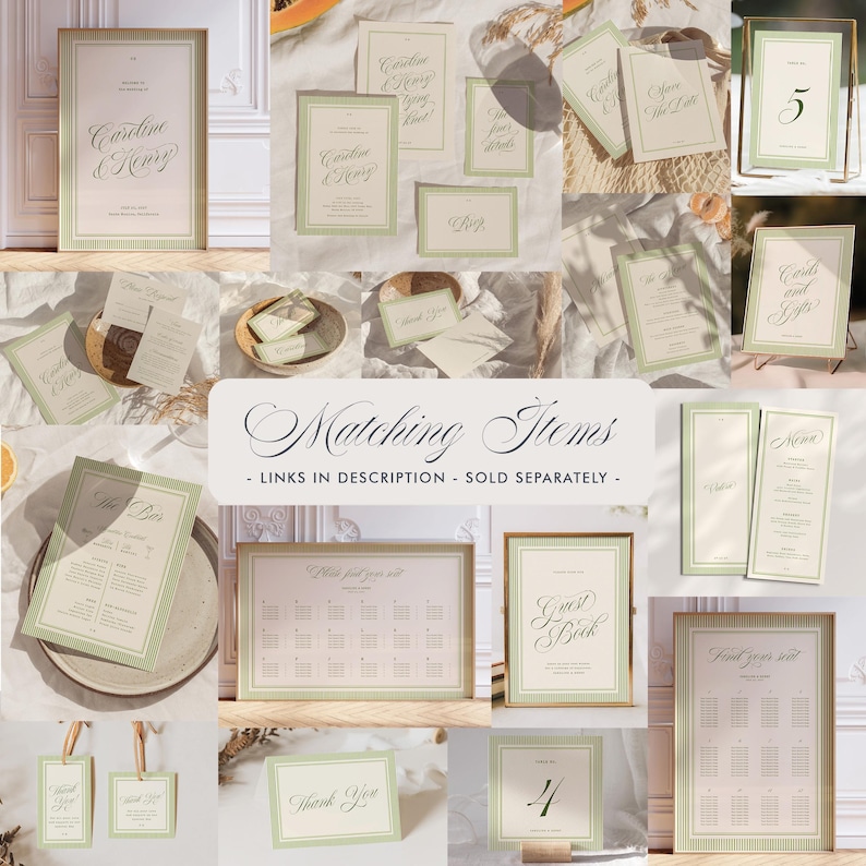 May include: A selection of wedding stationery, including signs, cards, and tags. The items have a cream and green colour scheme with elegant script fonts. Text includes "Caroline & Henry", "Save the Date", "Guest Book", and "Thank You".