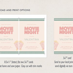 Peut inclure: Invitation imprimable pour une soir&eacute;e cin&eacute;ma avec un motif de seau de popcorn rouge et blanc. L'invitation indique "Soir&eacute;e cin&eacute;ma" et porte le nom "Valentina". L'invitation est disponible en format 8,5 x 11 pouces et 5 x 7 pouces.
