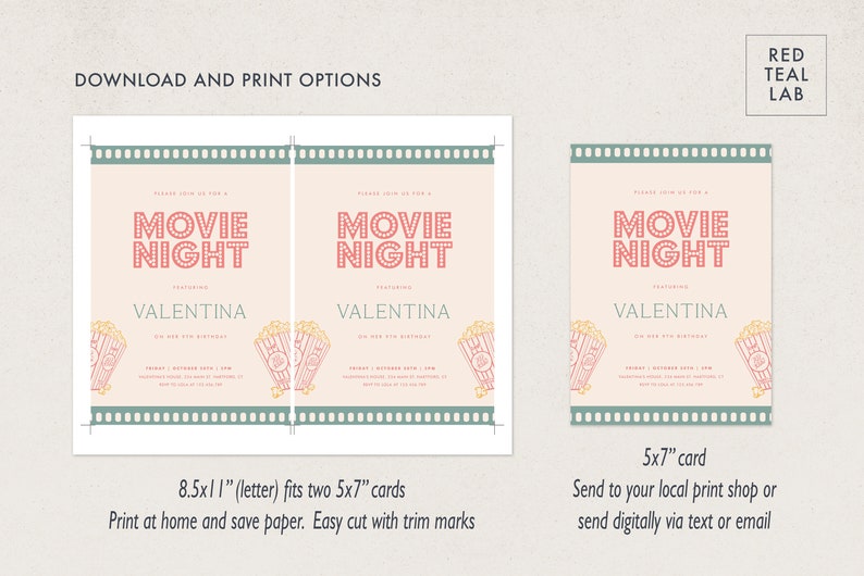 Peut inclure: Invitation imprimable pour une soir&eacute;e cin&eacute;ma avec un motif de seau de popcorn rouge et blanc. L'invitation indique "Soir&eacute;e cin&eacute;ma" et porte le nom "Valentina". L'invitation est disponible en format 8,5 x 11 pouces et 5 x 7 pouces.