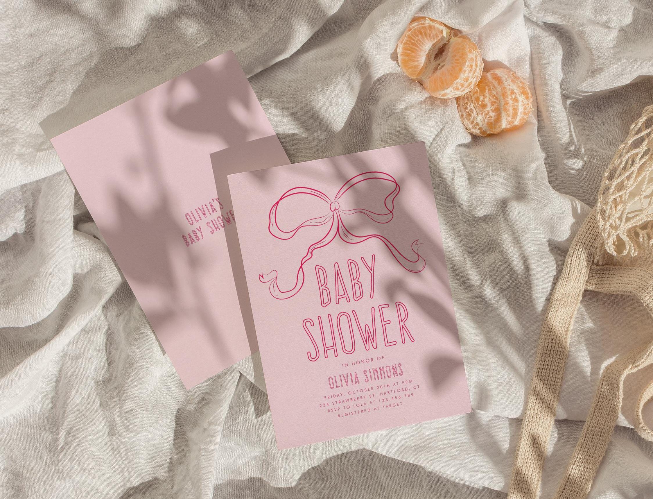Pink Bow Baby Shower Invitation Set, Hand Drawn Pink Bow Invitation ...