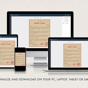 May include: A mockup of a computer screen, tablet, and smartphone displaying a printable Santa Claus letter. The letter is on a vintage-style parchment background with red and black text. The letter is titled "Santa Claus".