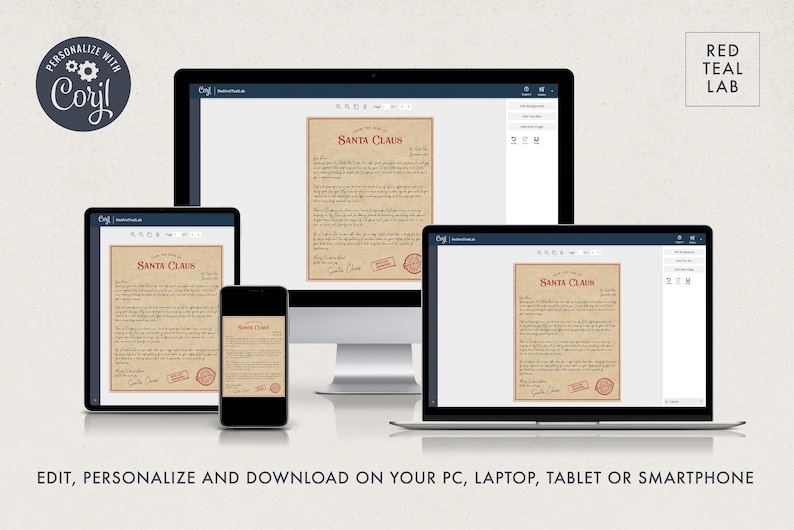 May include: A mockup of a computer screen, tablet, and smartphone displaying a printable Santa Claus letter. The letter is on a vintage-style parchment background with red and black text. The letter is titled "Santa Claus".