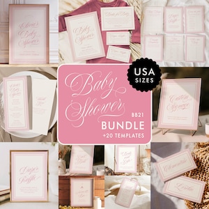 Puede incluir: Un conjunto de plantillas de papelería rosa para baby shower. El paquete incluye invitaciones, letreros y tarjetas de juego con una escritura elegante y bordes a rayas. El texto incluye "Baby Shower", "Diaper Raffle" y "Custom Signage". El paquete está etiquetado como "USA Sizes".