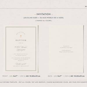 May include: A baptism invitation template with a cream background. The front of the invitation features a gold cross and the word "Baptism". The back of the invitation includes the names of the parents and godparents. The invitation is 5x7 inches.