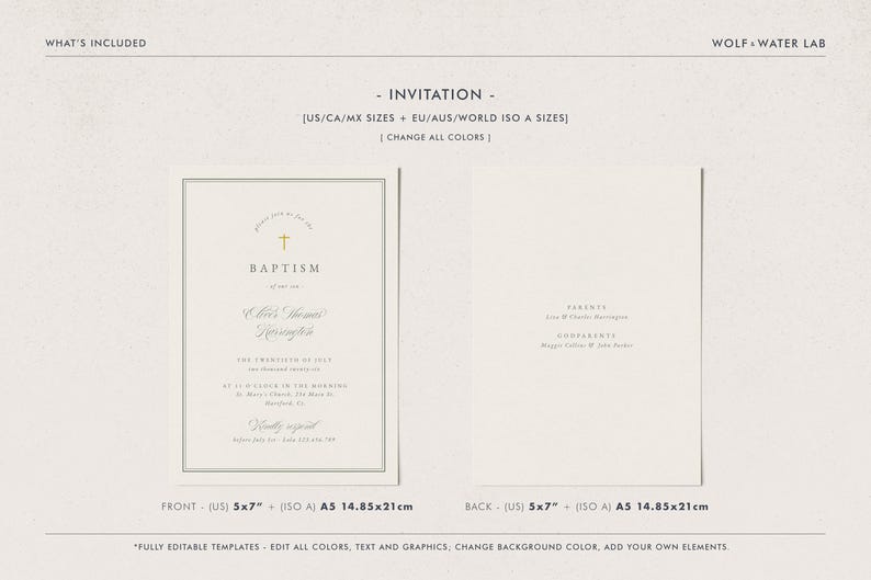 May include: A baptism invitation template with a cream background. The front of the invitation features a gold cross and the word "Baptism". The back of the invitation includes the names of the parents and godparents. The invitation is 5x7 inches.