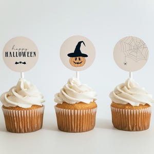 Halloween Party Cupcake Toppers, Editable Halloween Cupcake Topper Template, Modern Halloween Decor, Pumpkin, Spider, Instant Download H02