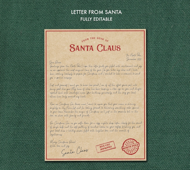May include: A vintage-style letter from Santa Claus, written on parchment paper with red ink. The letter is addressed to "Dave Dee" and dated December 2023. The letter includes a message from Santa Claus about the importance of being good and the magic of Christmas. The letter also includes a red stamp that says "Nice List Approved" and another red stamp that says "North Pole Postal Service".