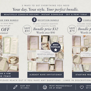 May include: An informational graphic titled 3 Ways To Get Everything You Need, Your day. Your style. Your perfect bundle. It outlines three wedding stationery options: Create Your Own Bundle, Reception Bundle, and Complete Bundle with pricing.
