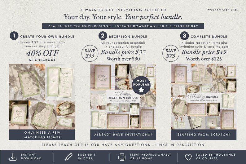 May include: An informational graphic titled 3 Ways To Get Everything You Need, Your day. Your style. Your perfect bundle. It outlines three wedding stationery options: Create Your Own Bundle, Reception Bundle, and Complete Bundle with pricing.