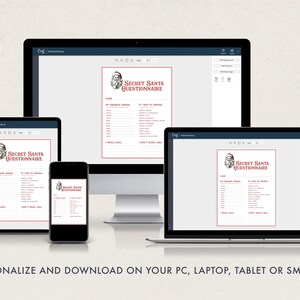 May include: A digital mockup of a Secret Santa Questionnaire template on a computer, tablet, and smartphone. The template features a vintage illustration of Santa Claus and the text "Secret Santa Questionnaire".